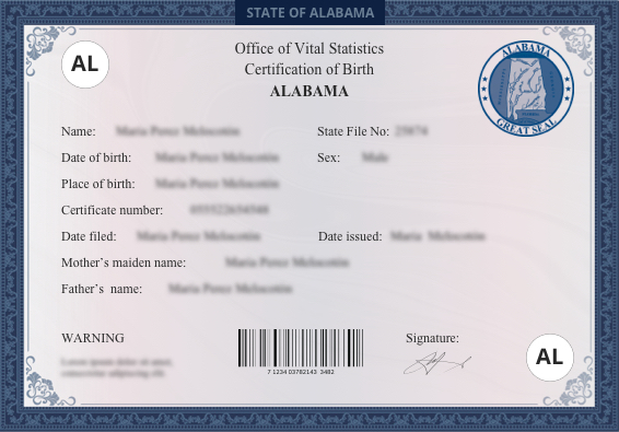 Alabama birth certificate sample