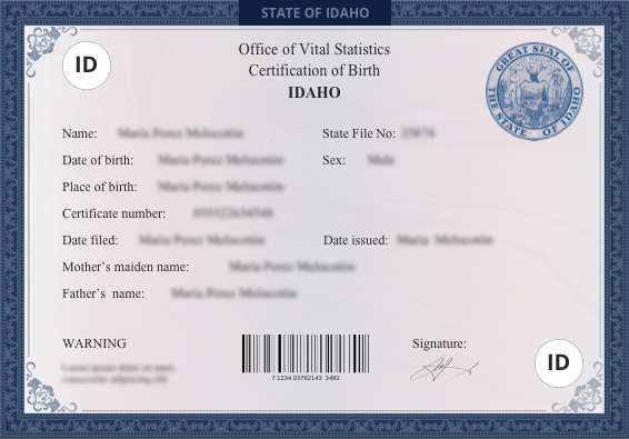 Idaho birth certificate sample