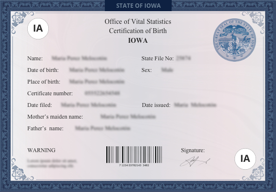 Iowa birth certificate sample