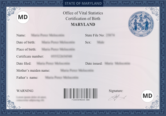 maryland birth certificate sample