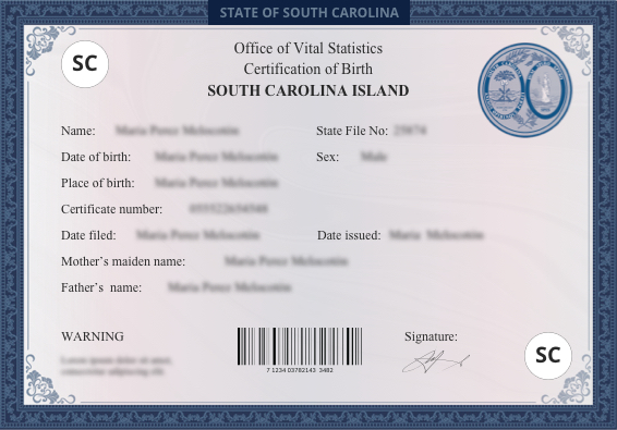 South Carolina birth certificate sample