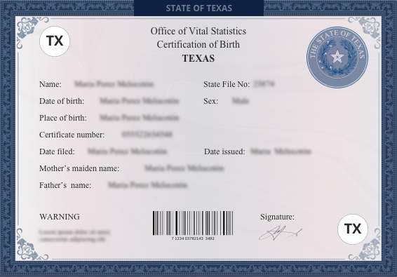 texas birth certificate sample