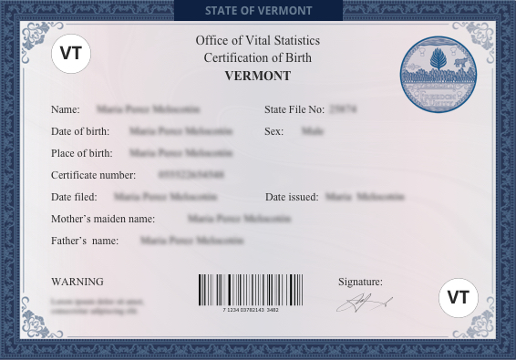 Vermont birth certificate sample